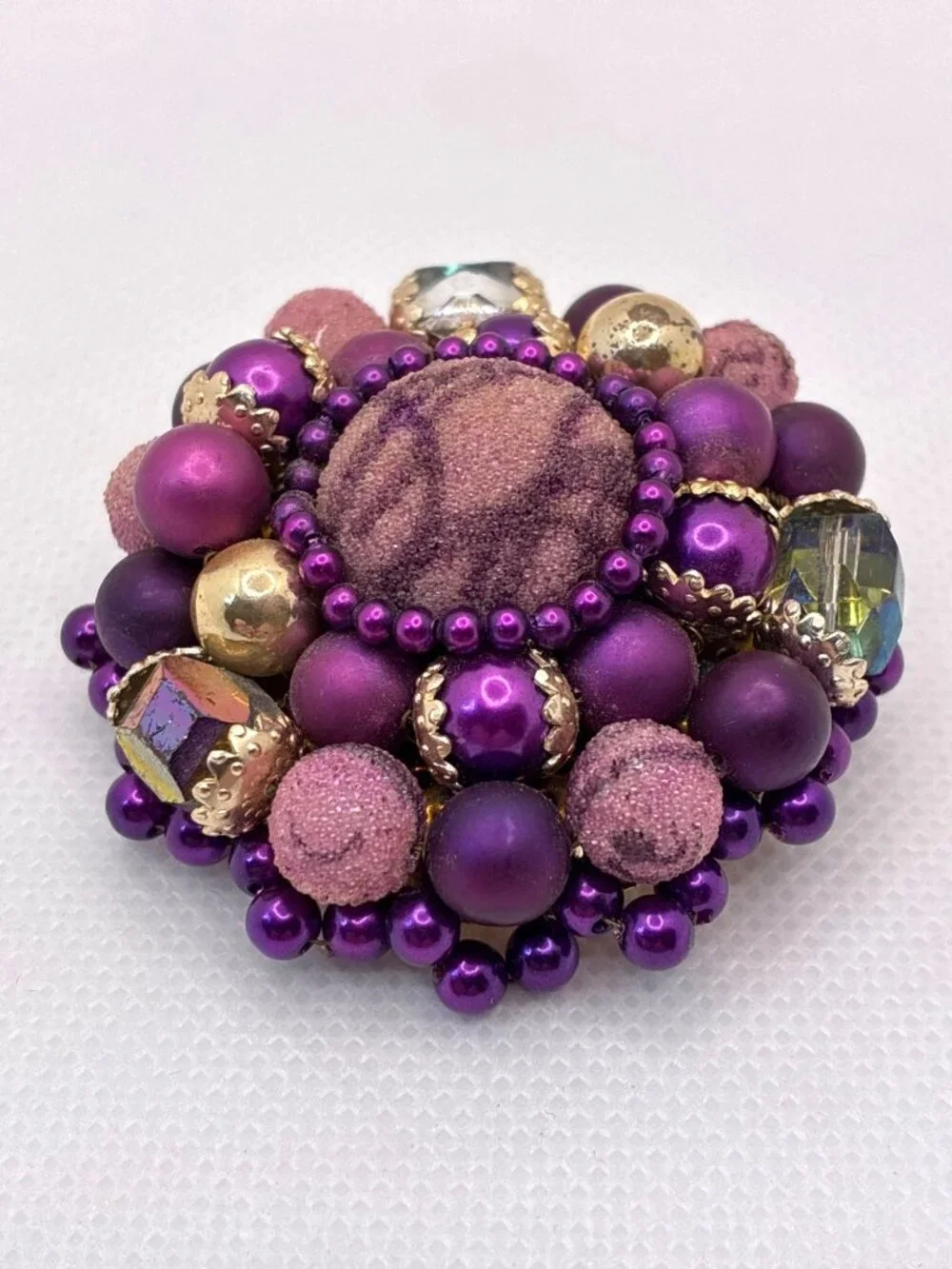 Vtg Japan Purple Brooch Sugar Beads Gold Accents & Faux Gemstones 2 In Diameter